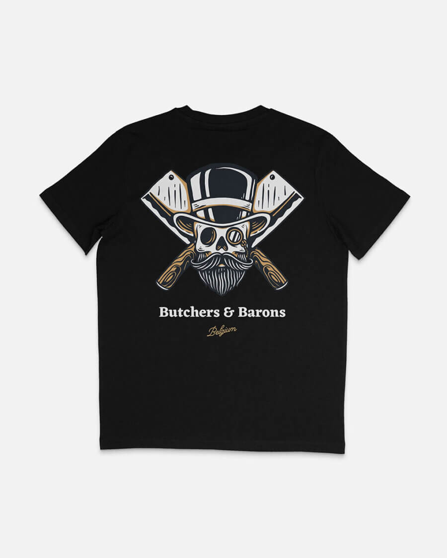 Loyalty black t-shirt by Butchers & Barons with skull, beard and monocle.
