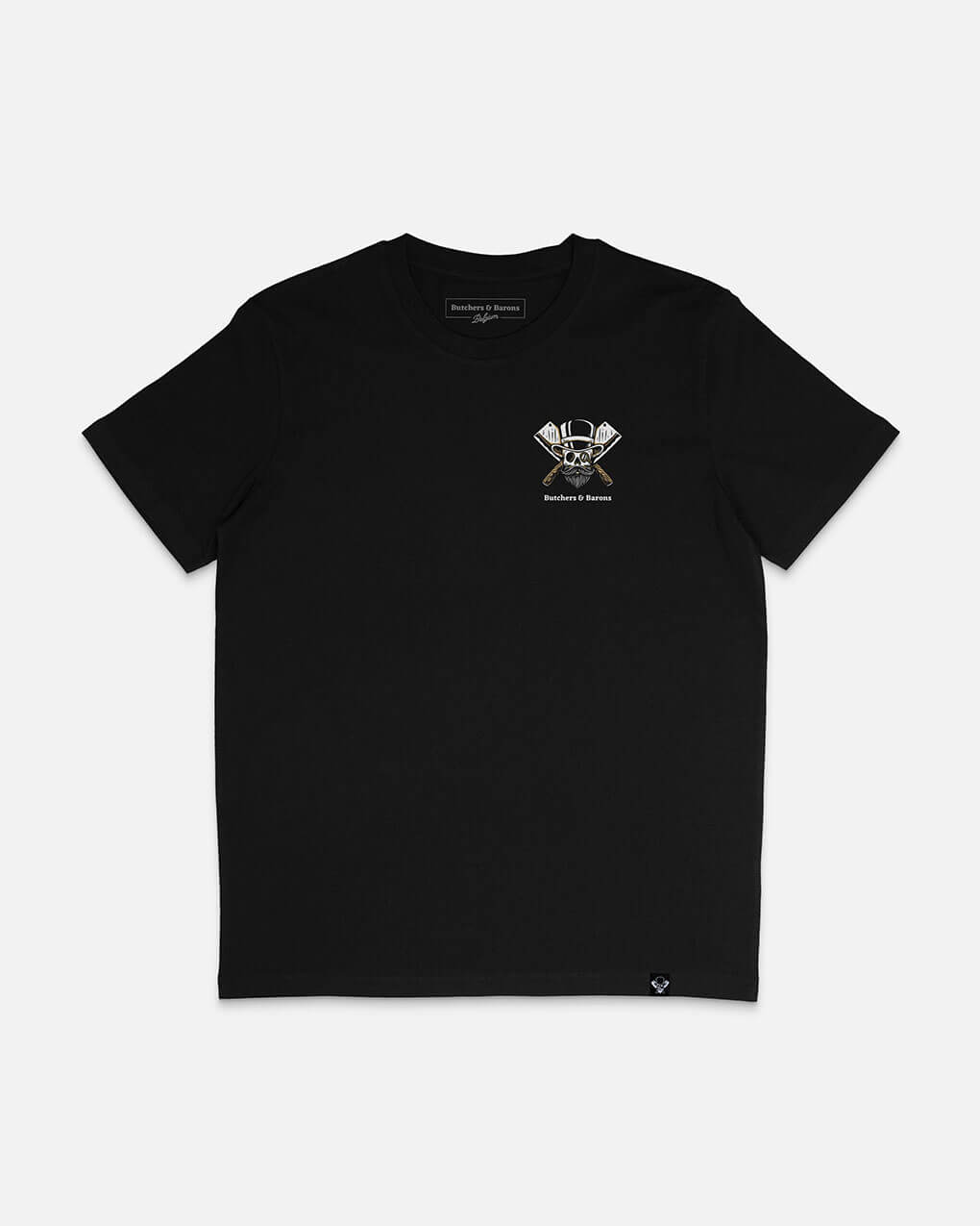Loyalty black t-shirt by Butchers & Barons with skull, beard and monocle.