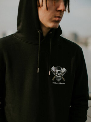 Loyalty black hoodie by Butchers & Barons with skull, beard and monocle.