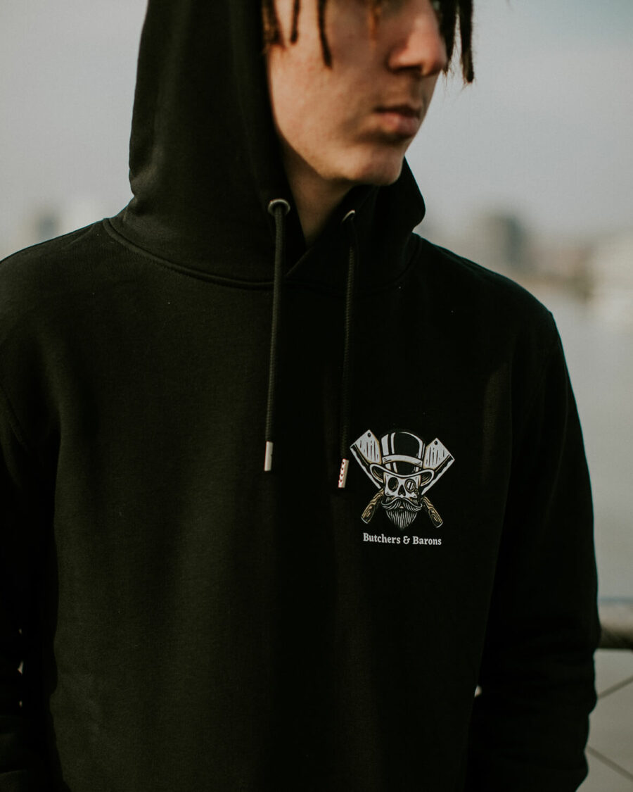 Loyalty black hoodie by Butchers & Barons with skull, beard and monocle.