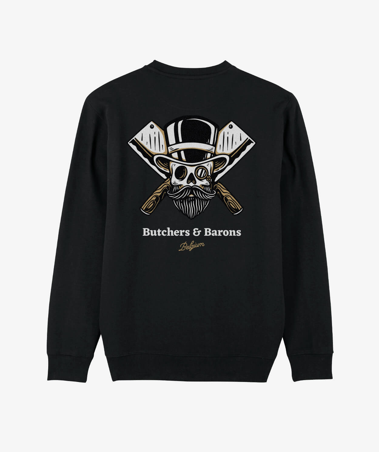 Loyalty black sweater by Butchers & Barons with skull, beard and monocle.