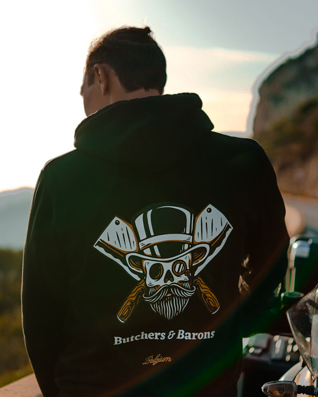 Loyalty black hoodie by Butchers & Barons with skull, beard and monocle.