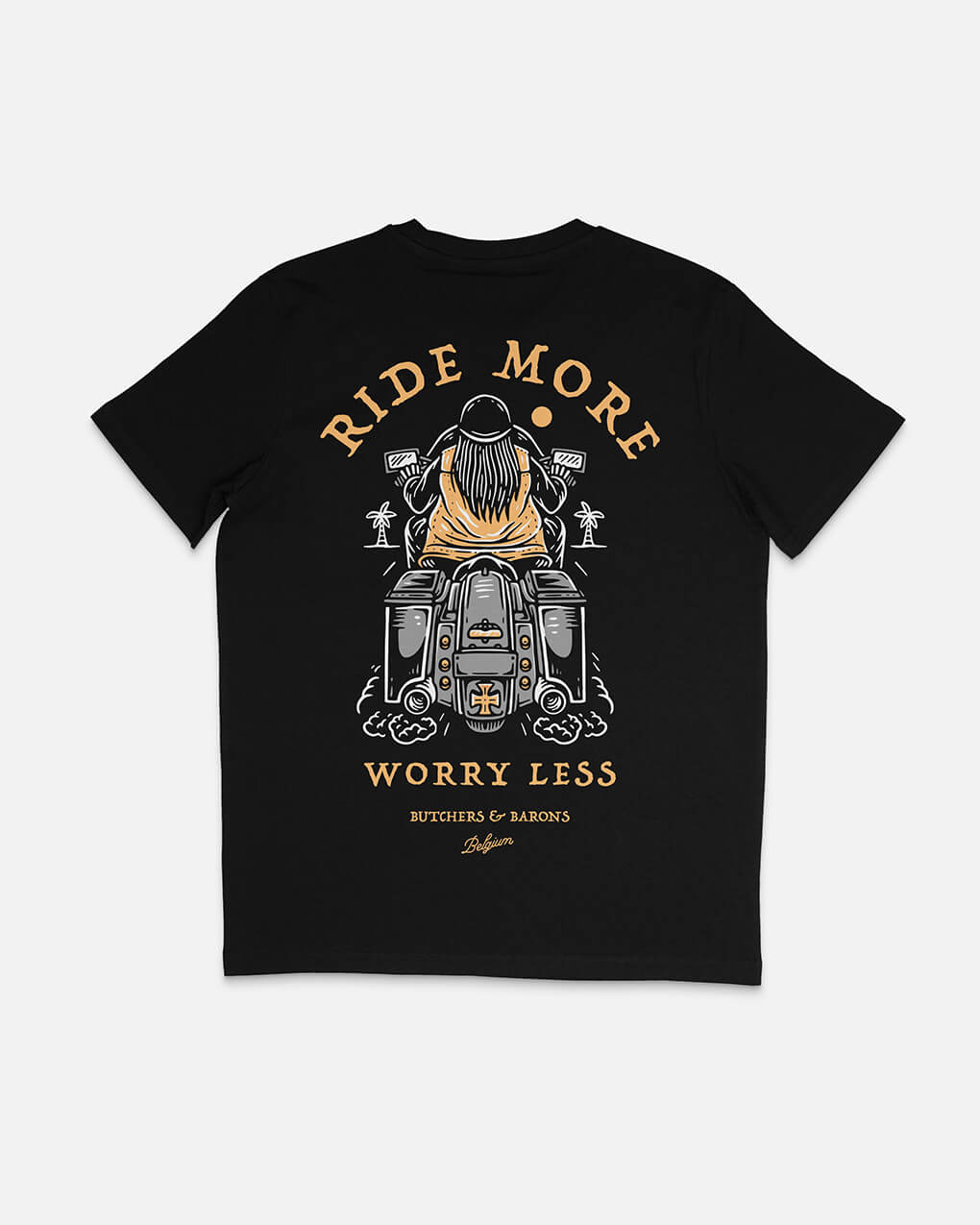 "Ride More, worry less" black motorcycle t-shirt by Butchers & Barons