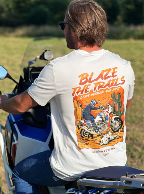 Blaze the Trails T-shirt – Off-White Adventure Tee for Africa Twin Riders | Butchers & Barons